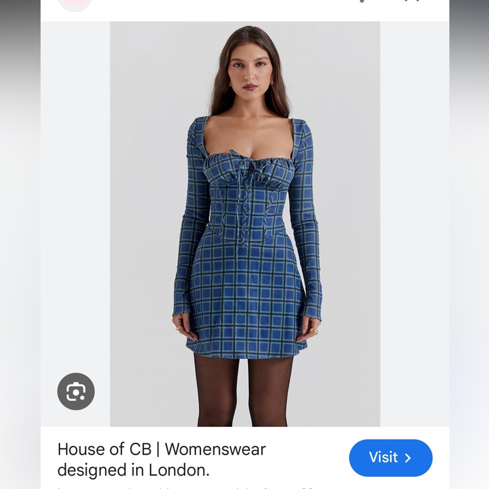 House of CB Blue Plaid Square-Neck Mini Dress with Front Tie